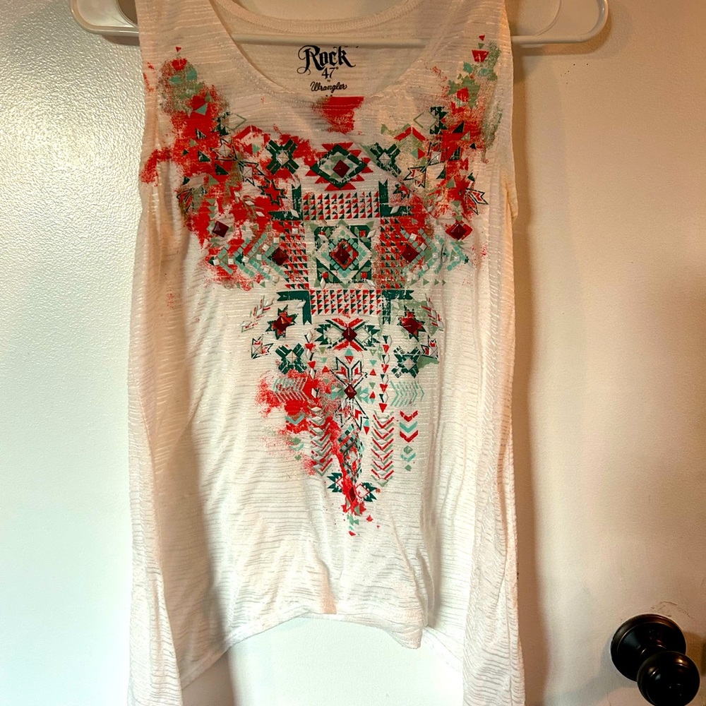 Western tank top. White with multi color patter.